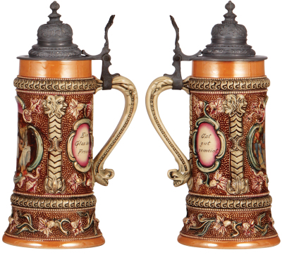 Two Diesinger steins, .5L, pottery, transfer & relief, #619, pewter lid, pewter tear & dent, base hairline; with, .5L, relief, #25, pewter lid has tear repaired. - 3