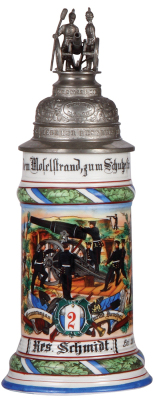 Regimental stein, .5L, 11.3'' ht., porcelain, 9. Comp., 2. Kgl. bayr. Fuss Artl. Regt, Metz, 1906 - 1908, two side scenes, roster, lion thumblift, named to: Reserv. Schmidt, mint.