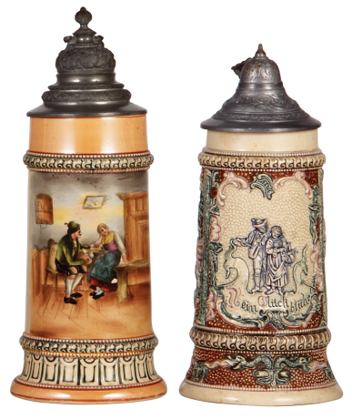 Two Diesinger steins, pottery, .5L, transfer & hand-painted, pewter lid, hairline by handle; with, .5L, relief, pewter lid, old strong pewter repair.