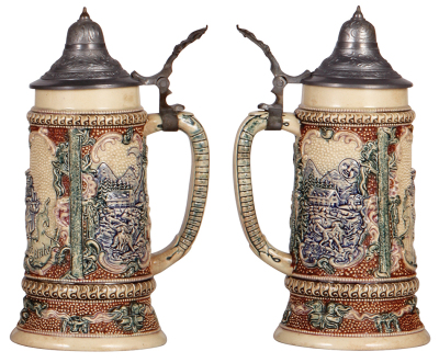 Two Diesinger steins, pottery, .5L, transfer & hand-painted, pewter lid, hairline by handle; with, .5L, relief, pewter lid, old strong pewter repair. - 3