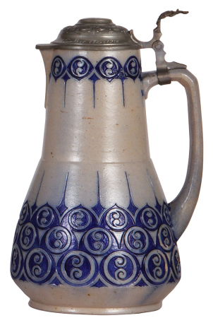 Stoneware stein, 11.0'' ht., relief, marked 300, blue saltglaze, Art Nouveau, pewter lid, mint.