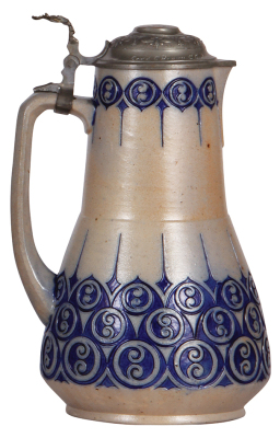 Stoneware stein, 11.0'' ht., relief, marked 300, blue saltglaze, Art Nouveau, pewter lid, mint. - 2