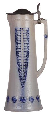 Stoneware stein, 15.5'' ht., relief, marked 146, blue saltglaze, Art Nouveau, pewter lid, pewter strap repaired, body mint.