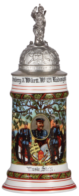 Regimental stein, .5L, 11.2'' ht., porcelain, 9. Comp., Inft. Regt. Nr. 121, Ludwigsburg, 1908 - 1910, two side scenes, roster, Württemberg thumblift, named to: Musk. Stahl, faint lines in the lithophane, otherwise mint.
