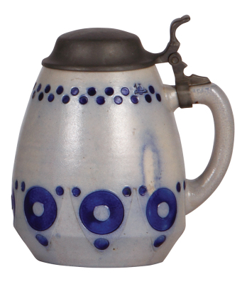 Stoneware stein, 1.0L, relief, marked 1349, made by S.P. Gerz, designed by Bruno Mauder, blue saltglaze, Art Nouveau, pewter lid, glaze flaw, otherwise mint.