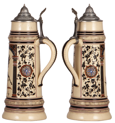 Two Diesinger steins, 2.0L, 14.1" ht., threading, #1363, pewter lid is dented & repaired; with, 2.0L, 13.5" ht., threading, #1497, pewter lid, top rim chip & hairline, pewter strap repaired, displays well. - 3