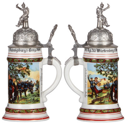 Regimental stein, .5L, 11.2'' ht., porcelain, 9. Comp., Inft. Regt. Nr. 121, Ludwigsburg, 1908 - 1910, two side scenes, roster, Württemberg thumblift, named to: Musk. Stahl, faint lines in the lithophane, otherwise mint. - 2