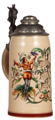 Pottery stein, 2.0L, 12.8" ht., transfer & hand-painted, pewter lid marked Lichtinger München, Gambrinus thumblift is missing a hand, body mint.