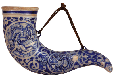 Stoneware drinking horn, 15.1", relief, blue saltglaze, some glaze chips.