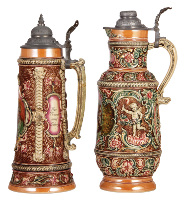 Two Diesinger steins, pottery, 2.0L, 14.5" ht., relief & transfer, #617, pewter lid, handle broken & repaired, hairline in rear; with, 2.5L, 15.0" ht., relief & transfer, #502, pewter lid, lid & base drilled for lamp, displays well. - 2