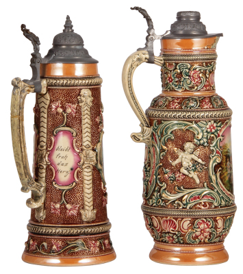 Two Diesinger steins, pottery, 2.0L, 14.5" ht., relief & transfer, #617, pewter lid, handle broken & repaired, hairline in rear; with, 2.5L, 15.0" ht., relief & transfer, #502, pewter lid, lid & base drilled for lamp, displays well. - 3