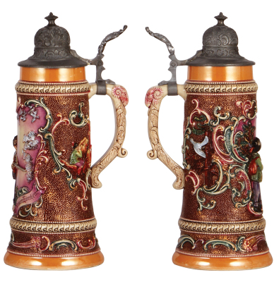 Two Diesinger steins, 3.0L, 17.0" ht., relief, #944, pewter lid, hairlines in body by handle, pewter strap repaired; with, 1.0L, 12.1" ht., relief, #564, pewter lid, pewter cut repaired, displays well. - 3