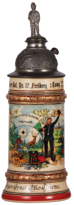 Regimental stein, .5L, 11.5'' ht., pottery, 1. Comp. Jäger Bat. Nr. 12, Freiberg, 1901 - 1903, two side scenes, roster, eagle thumblift, named to: Jäger Ernst Otto Thieme, mint. - 3