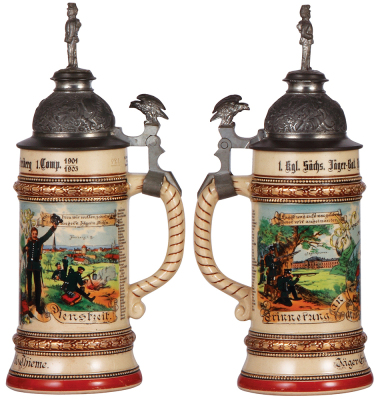 Regimental stein, .5L, 11.5'' ht., pottery, 1. Comp. Jäger Bat. Nr. 12, Freiberg, 1901 - 1903, two side scenes, roster, eagle thumblift, named to: Jäger Ernst Otto Thieme, mint. - 4