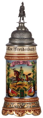 Regimental stein, .5L, 12.1'' ht., pottery, 1. Esk., Jäger z. Pferde Nr. 3, Colmar i. Els., 1904 - 1907, two side scenes, roster, eagle thumblift, named to: Res. Breidenbach, mint.