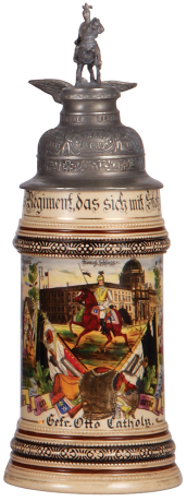 Regimental stein, .5L, 11.5" ht., pottery, 1. Esk., Garde Kürassier Regt., Berlin, 1907 - 1910, two side scenes, roster, eagle thumblift, named to: Gefr. Otto Catholn, pewter dented & has a tear repaired, gold band on base has wear.