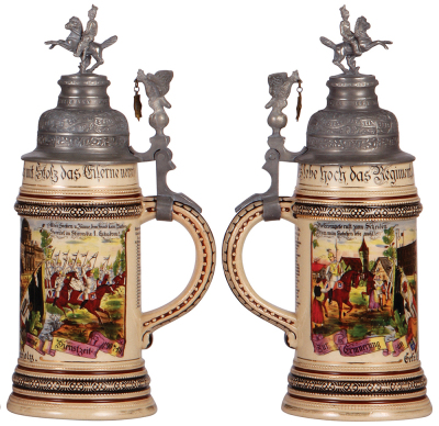 Regimental stein, .5L, 11.5" ht., pottery, 1. Esk., Garde Kürassier Regt., Berlin, 1907 - 1910, two side scenes, roster, eagle thumblift, named to: Gefr. Otto Catholn, pewter dented & has a tear repaired, gold band on base has wear. - 2