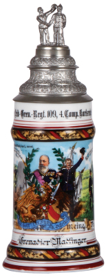 Regimental stein, .5L, 11.8'' ht., porcelain, 4. Comp., Inft. Regt. Nr. 109, Karlsruhe, 1900 - 1902, two side scenes, roster, griffin thumblift, named to: Grenadier Madlinger, mint.