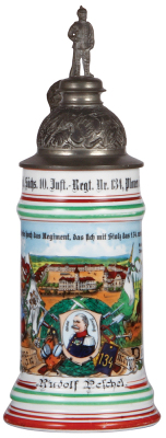 Regimental stein, .5L, 11.4'' ht., porcelain, 11. Comp., Sächs, 10. Inft. Regt. Nr. 134, Plauen i. V., 1905 - 1907, two side scenes, roster, Sächsen thumblift, named to: Rudolf Peschel, faint lines in lithophane, center hinge ring missing.