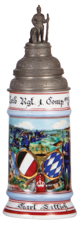 Regimental stein, .5L, 11.0" ht., porcelain, 1. Comp., bayr. Inft. Leib Regt., München, 1912 - 1914, four side scenes, lion thumblift, named to: Karl Littich, screw-off lid with relief pewter scene, mint.