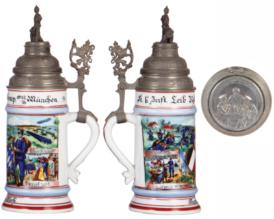 Regimental stein, .5L, 11.0" ht., porcelain, 1. Comp., bayr. Inft. Leib Regt., München, 1912 - 1914, four side scenes, lion thumblift, named to: Karl Littich, screw-off lid with relief pewter scene, mint. - 2