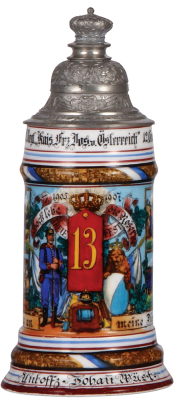 Regimental stein, .5L, 9.8'' ht., porcelain, 12. Comp., bayr. Inft. Regt. Nr. 13, Ingolstadt, 1905 - 1907, seven side scenes, roster, crown finial, lion thumblift, named to: Untoffz. Johann Wüst, mint.