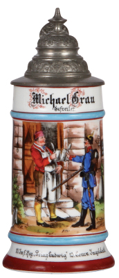 Regimental stein, .5L, 9.0'' ht., porcelain, 13. Comp., bayr. 10. Inft. Regt., Ingolstadt, Zur Erinnerung an das Landwehr Bezirks Commando Dillingen, no dates, two side scenes, Bavarian thumblift, named to: Gefreiter Michael Grau, slight base color wear, 