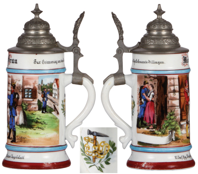 Regimental stein, .5L, 9.0'' ht., porcelain, 13. Comp., bayr. 10. Inft. Regt., Ingolstadt, Zur Erinnerung an das Landwehr Bezirks Commando Dillingen, no dates, two side scenes, Bavarian thumblift, named to: Gefreiter Michael Grau, slight base color wear, - 2