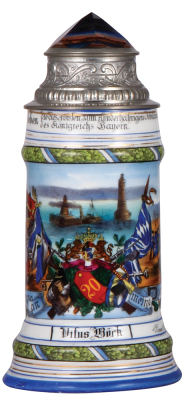 Regimental stein, .5L, 9.4'' ht., porcelain, 11. Comp., 20. bayr. Inft. Regt., Lindau, 1904 - 1906, two side scenes, roster, lion thumblift, named to: Vitus Böck, mint.