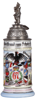 Regimental stein, .5L, 11.0'' ht., porcelain, 4. Comp., Inftr. Regt. No. 67., Metz, 1897 - 1899, ten side scenes, eagle thumblift, named to: Reserv. Schmidt, pewter tear, otherwise mint.