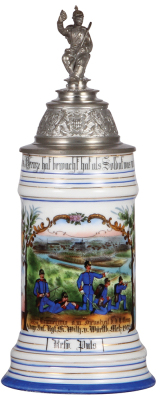 Regimental stein, .5L, 10.8'' ht., porcelain, 11. Comp., bayr. Inft. Regt. Nr. 4, Metz, 1902 - 1904, four side scenes, roster, lion thumblift, named to: Resv. Puls, mint.