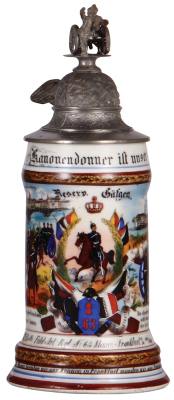 Regimental stein, .5L, 10.6'' ht., porcelain, 2. Battr., Feld. Artl. Regt. Nr. 63, Mainz - Frankfurt a. M., 1901 - 1903, two side scenes, roster, eagle thumblift, named to: Reserv. Güfgen, mint.