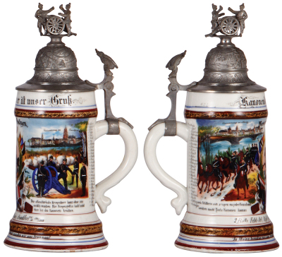 Regimental stein, .5L, 10.6'' ht., porcelain, 2. Battr., Feld. Artl. Regt. Nr. 63, Mainz - Frankfurt a. M., 1901 - 1903, two side scenes, roster, eagle thumblift, named to: Reserv. Güfgen, mint. - 2