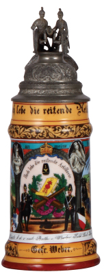 Regimental stein, .5L, 10.9" ht., porcelain, 1. reit. Battr., Feld Artl. Regt. No. 35, Deutsch - Eÿlau, 1902 - 1905, two side scenes, roster, eagle thumblift, named to: Gefr. Weber, excellent repair of pewter tear, body mint.