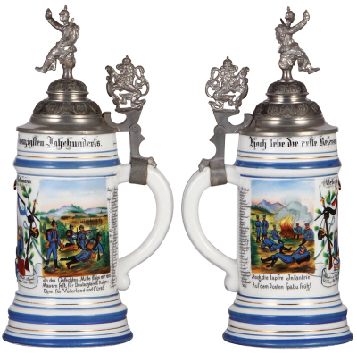 Regimental stein, .5L, 11.0'' ht., porcelain, 7. Comp., bayr. Inft. Regt. Nr. 18, Landau, 1899 - 1901, two side scenes, roster, relief decoration, lion thumblift, named to: Gefreiter Metzmann, mint. - 2