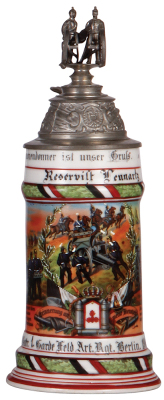 Regimental stein, .5L, 11.0'' ht., porcelain, 6. Battr., 1. Garde Feld Art. Rgt., Berlin, 1906 - 1908, two side scenes, roster, eagle thumblift, named to: Reservist Lennartz, replaced pewter cannon barrel, otherwise mint.