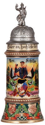 Regimental stein, .5L, 11.8'' ht., pottery, 5. Comp., Westpreuss. Inft. Regt. Nr. 140 [Hohensalza] u. 5. Comp., Inft. Regt. Nr. 68, Coblenz, 1906 - 1908, two side scenes, roster, eagle thumblift, named to: Res. Schiller, very rare unit combination, small 