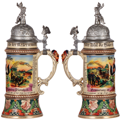 Regimental stein, .5L, 11.8'' ht., pottery, 5. Comp., Westpreuss. Inft. Regt. Nr. 140 [Hohensalza] u. 5. Comp., Inft. Regt. Nr. 68, Coblenz, 1906 - 1908, two side scenes, roster, eagle thumblift, named to: Res. Schiller, very rare unit combination, small - 2