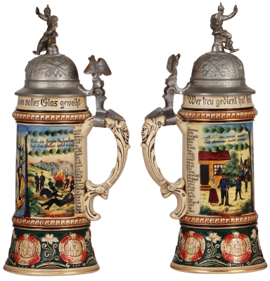 Regimental stein, .5L, 11.8'' ht., pottery, 6. Comp., Inft. Regt. Nr. 66, Magdeburg, undated, two side scenes, roster, eagle thumblift, named to: Reserv. Schmidt, rare regiment, new finial & good repair of strap, body mint. - 4