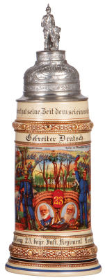 Regimental stein, .5L, 12.6'' ht., pottery, 4. Comp., 23. bayr. Inft. Regt., Landau, 1910 - 1912, four side scenes, roster, lion thumblift, named to: Gefreiter Deutsch, mint.