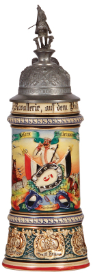 Regimental stein, .5L, 12.2'' ht., pottery, 4. Esk., KŸrassier Regt. Nr. 5, Riesenburg, 1905 - 1908, two side scenes, roster, eagle thumblift, named to: Reserv. Bellermann, excellent repair of a small chip, new rider on original horse finial.