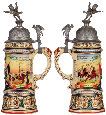 Regimental stein, .5L, 12.2'' ht., pottery, 4. Esk., KŸrassier Regt. Nr. 5, Riesenburg, 1905 - 1908, two side scenes, roster, eagle thumblift, named to: Reserv. Bellermann, excellent repair of a small chip, new rider on original horse finial. - 2