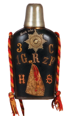 Regimental flask, .25L, glass & leather, 3. Co., 1. Garde Regt. z. Fuss, 1901, named to: H.S., some wear & minor missing parts.