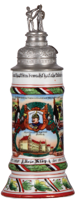 Regimental stein, .5L, 12.5'' ht., porcelain, 7. Comp., Inftr. Regt. No. 174, Forbach, 1911 - 1913, four side scenes, eagle thumblift, named to: Resv. Klöp, mint.