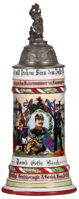 Regimental stein, .5L, 12.0'' ht., porcelain, 11. Comp., Inft. Leib Regt. Nr. 117, Mainz, 1904 - 1906, two side scenes, roster, lion thumblift, named to: Tamb. Geftr. Berck, mint.