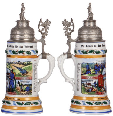 Regimental stein, .5L, 12.3'' ht., porcelain, 1. Komp., Kgl. Bayr. 11. Inft. Reg., Regensburg, 1911 - 1913, four side scenes, roster, lion thumblift, named to: Reservist Moisl, faint line in lithophane, otherwise mint. - 2