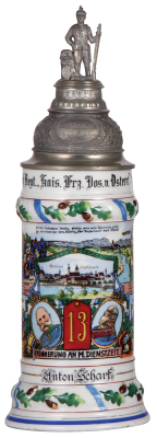 Regimental stein, .5L, 12.3'' ht., porcelain, 2. Comp., bayr. Inft. Regt. Nr. 13, Ingolstadt, 1910 - 1912, four side scenes, roster, eagle thumblift, named to: Anton Scharf, mint.