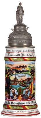 Regimental stein, .5L, 12.2'' ht., porcelain, 1. Comp., Inft. Regt. Nr. 114, Constanz, 1908 - 1910, four side scenes, roster, griffin thumblift, named to: Reservist Reutebuch, mint.