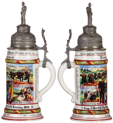 Regimental stein, .5L, 12.2'' ht., porcelain, 1. Comp., Inft. Regt. Nr. 114, Constanz, 1908 - 1910, four side scenes, roster, griffin thumblift, named to: Reservist Reutebuch, mint. - 2