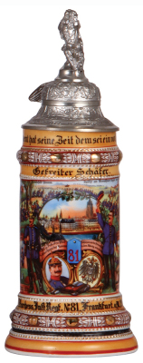 Regimental stein, .5L, 11.5'' ht., porcelain, 4. Comp., Inft. Regt. Nr. 81, Frankfurt a. M., 1910 - 1912, four side scenes, roster, eagle thumblift, named to: Gefreiter Schäfer, a little roster wear, otherwise mint.